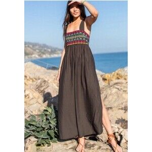 Natural Life Tricia Embroidered Maxi Dress Women’s Size XS/S Charcoal Gray